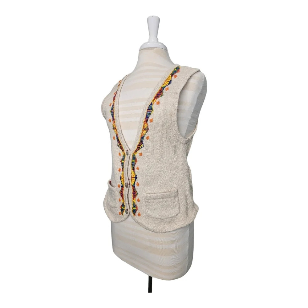 Vintage I.V.Y. Sweater Vest Rainbow Beading Cream V Neck Button Up Size M - Picture 5 of 11